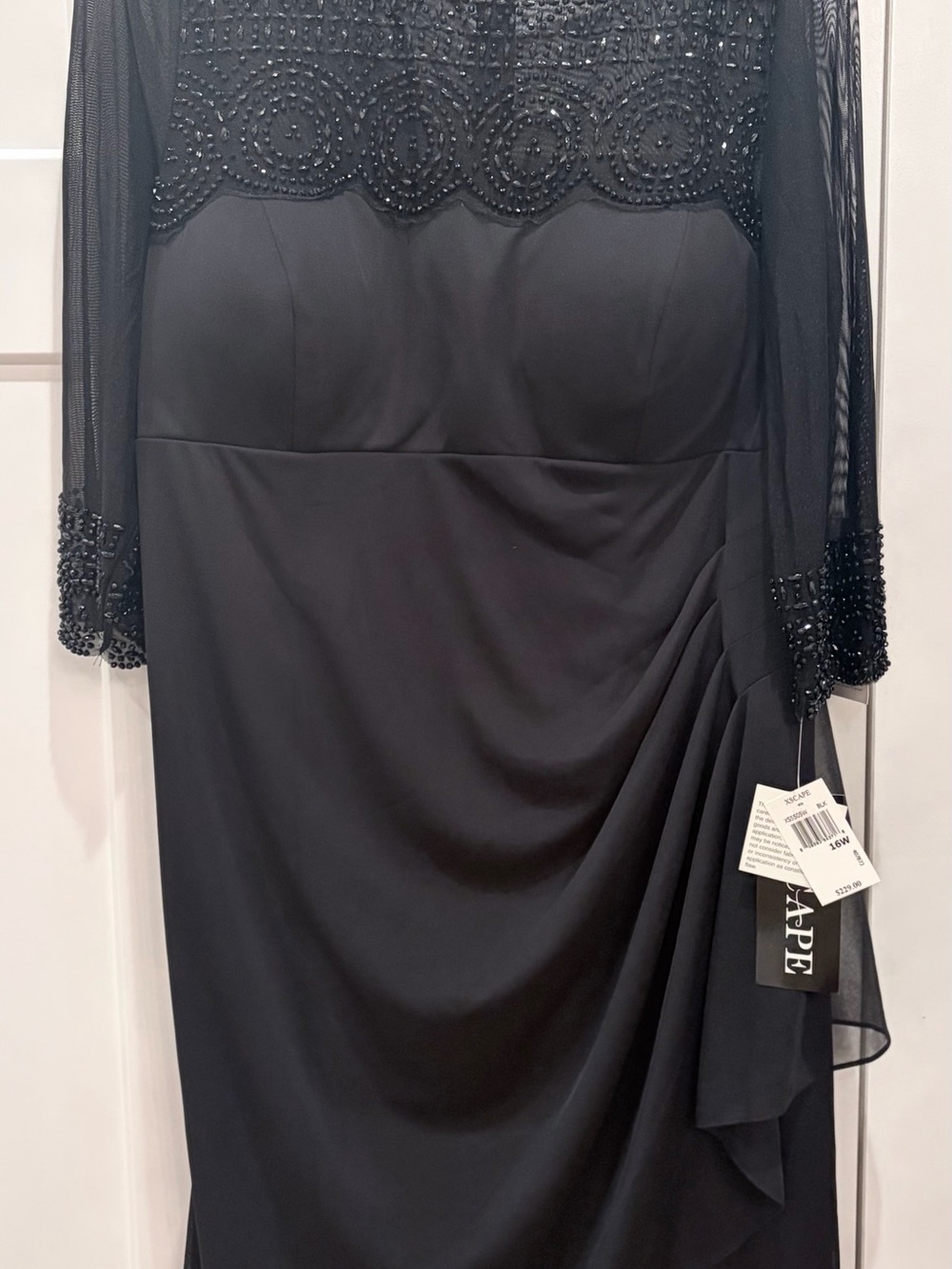 Xscape Black Evening Dress with Beaded Neck Detail & Ruched Back